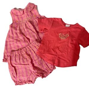 VTG Carters Kids 3pc Lot 18M Pink Plaid Dress Bloomers Bird TShirt Summer Outfit